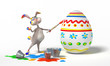 Funny cartoon Easter bunny paints on egg