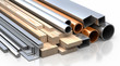 Set of planks, boards, metal tubes and pipes, metallic corners
