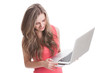 © Catalin Pop - Beautiful blonde woman trying to pay online using credit  card