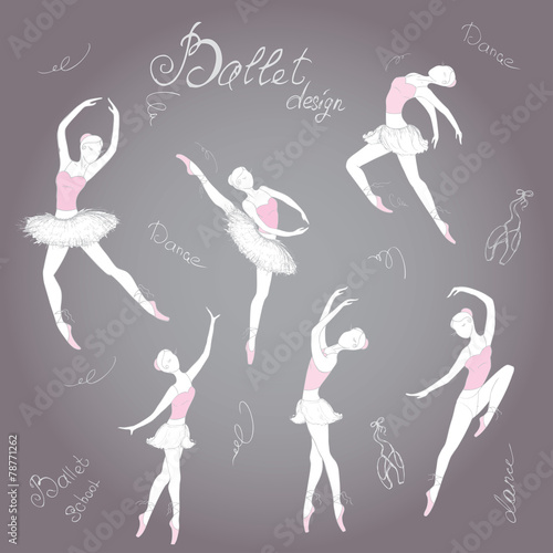 Obraz w ramie Set ballet dancers, hand drawn background