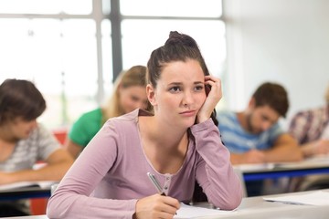 Wall Mural - Female student writing notes in classroom