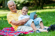 © .shock - grandfather and child in park using tablet