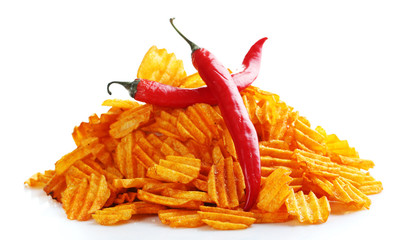 Delicious potato chips with  chili pepper isolated on white