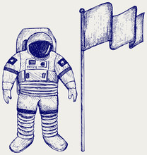 Astronaut And Flag. Doodle Style