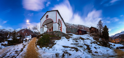 Fototapete - White Church on the Hill and Matterhorn Peak before Dawn, Zermat