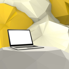 Laptop with blank screen on laminate table and low poly geometri