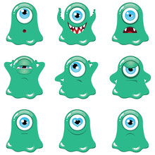 Set Of Funny Cartoon Green Monsters