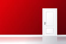 White Door Closed On A Red Wall With Reflective Floor.