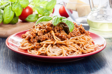 Wall Mural - Spaghetti bolognese with cheese and basil