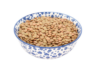 Wall Mural - Green lentils in a blue and white china bowl