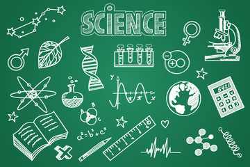 hand drawn science set. chalk on the blackboard