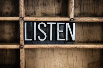 Canvas Print - Listen Concept Metal Letterpress Word in Drawer