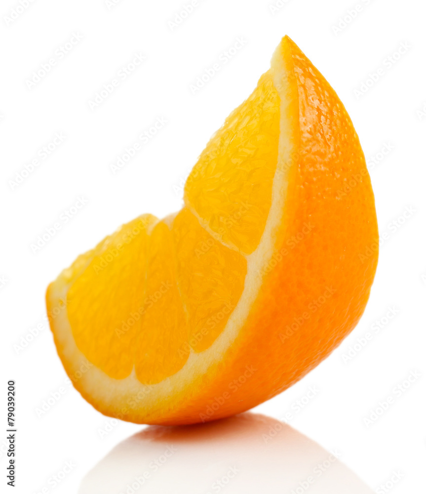 Juicy slice of orange isolated on white
