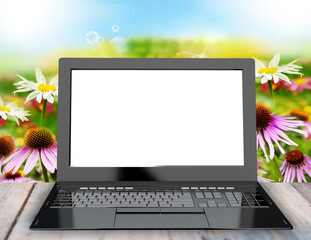 New modern laptop closeup on summer nature background