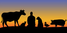 Silhouettes Of Man With Many Animals
