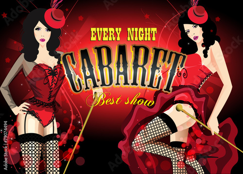 Fotografie, Obraz Two Cabaret dancer in a red corset. Retro vector poster