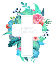 Easter Watercolor Natural Illustration With Cross Sticker