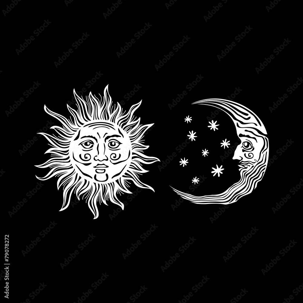 illustration sun moon retro vintage vector folklore Stock Vector | Adobe  Stock, image size:1000x1000