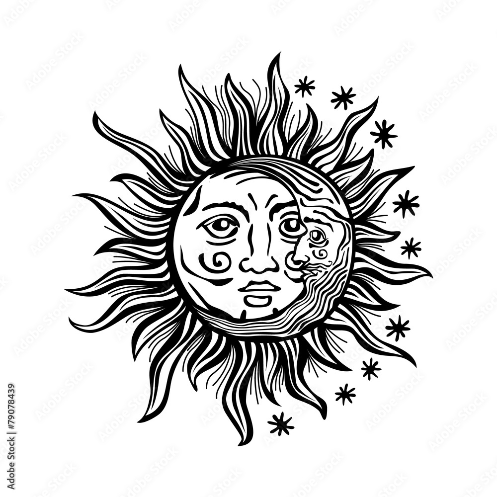illustration sun moon faces retro vintage vector folklore Stock Vector |  Adobe Stock, image size:1000x1000