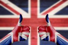 United Kingdom Flag Painted On Female Hands Thumbs Up