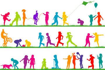 set of colored children silhouettes playing outdoor