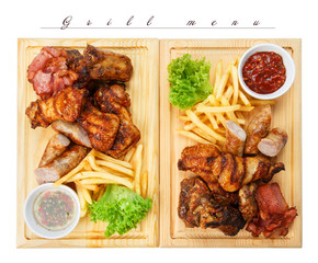 Wall Mural - Restaurant food isolated - grilled meat assortment served on woo