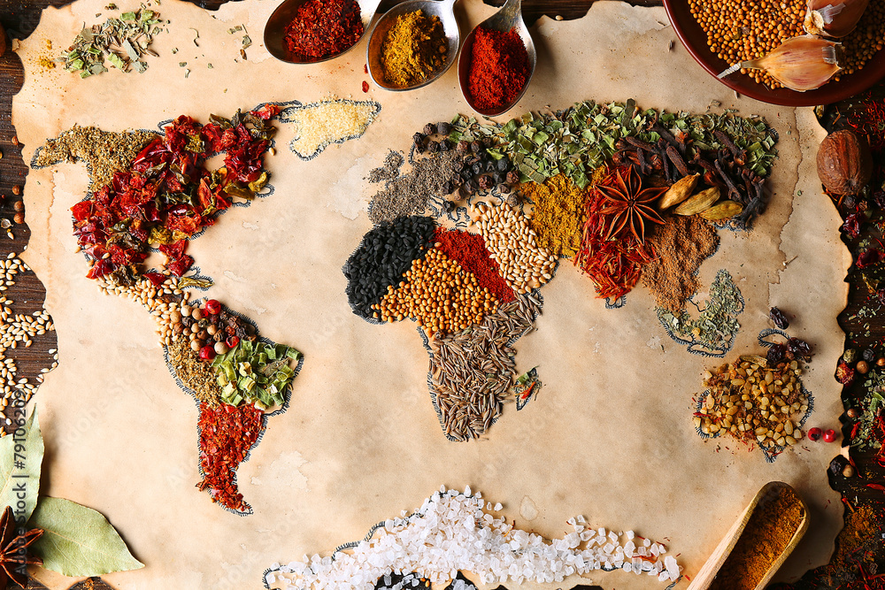 Map of world made from different kinds of spices, close-up - obrazy, fototapety, plakaty 