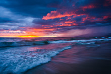 Dramatic Stormy Sunset And Waves In The Pacific Ocean, Seen At V