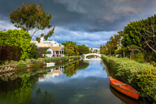 Houses And Boats Along A Canal In Venice Beach, Los Angeles, Cal