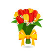 Vector bouquet of red, yellow tulip with a yellow bow