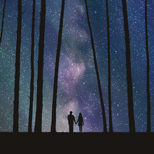 Lovers In Forest. Vector Illustration With Silhouette Of Loving Couple Under Starry Sky. Can Be Used As Postcard, Illustration