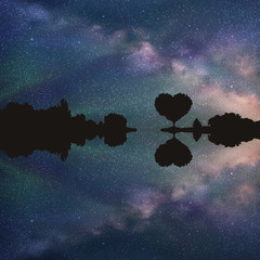 Canvas Print - Romantic landscape. Vector illustration with silhouette of tree in shape of heart under starry sky. Can be used as postcard, illustration