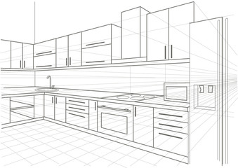 Wall Mural - linear sketch interior kitchen