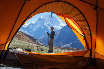 Wall Mural - hiker on the trek in himalayas, manaslu region, nepal