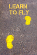 Yellow footsteps on sidewalk towards Learn to fly message
