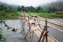 Bamboo Bridge Over A River In Province Of Pai Mae Hong Son, Thai