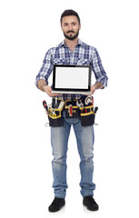 Canvas Print - Carpenter showing laptop