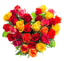 Colorful Roses Bouquet In Heart Shape On White Background