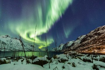 Wall Mural - aurora borealis reflected between two fjords in tromsø