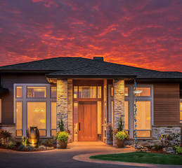 Beautiful Home Exterior at Sunset