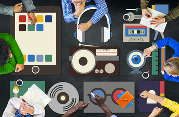 Wall Mural - media movies radio music tools concept