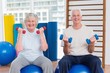 © WavebreakmediaMicro - Happy senior couple lifting dumbbells on exercise ball