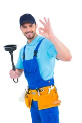 Poster - Plumber with plunger gesturing okay
