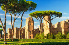 Landscape Of Baths Of Caracalla, Rome, Italy. Ancient Roman Ruins In Summer.