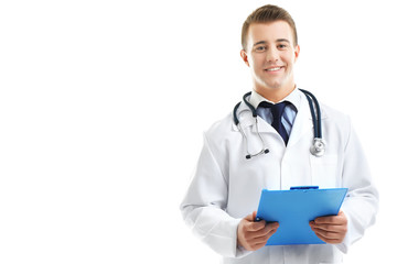 Canvas Print - Male Doctor holding clipboard isolated on white