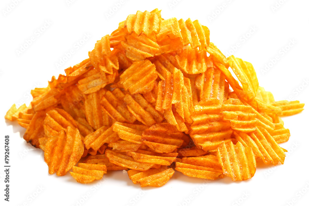 Delicious potato chips isolated on white