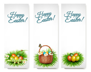 Aufkleber - Three Happy Easter banners with easter eggs in a basket and grre