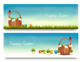 Fototapete - Two Happy Easter banners with easter eggs in a basket. Vector.