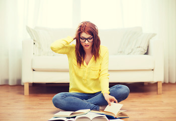 Poster - stressed student girl reading books at home