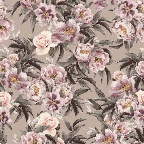 Naklejka dekoracyjna Seamless floral pattern with red, purple and pink roses on light